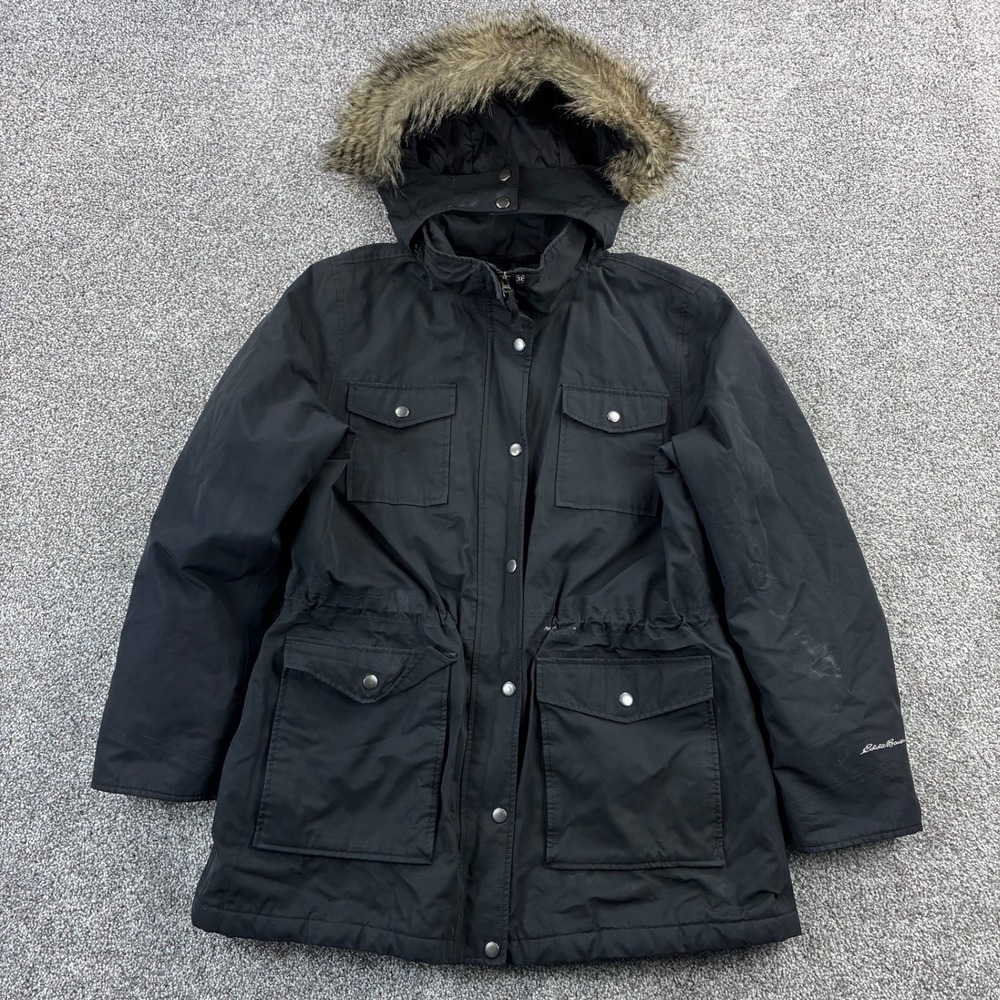 Eddie Bauer Parka Jacket Women's XL Black Faux Fur Hood Quilted Lined